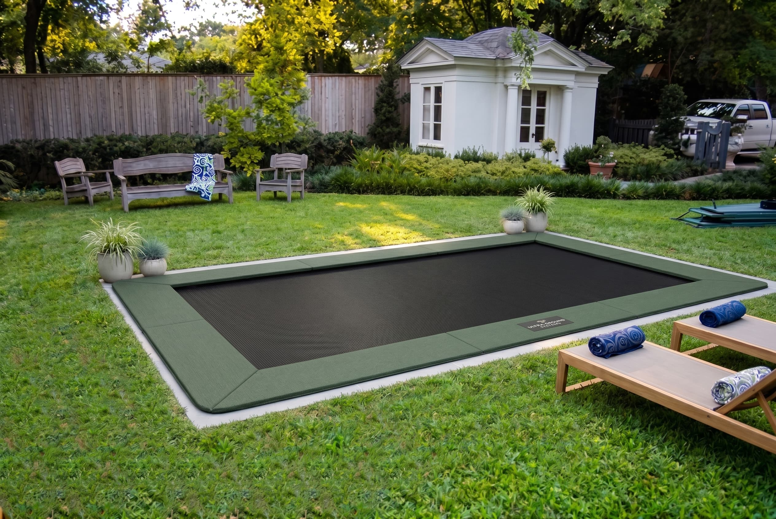 An in ground trampoline retaining wall can be customized for round, rectangular, square, or octagon frames.