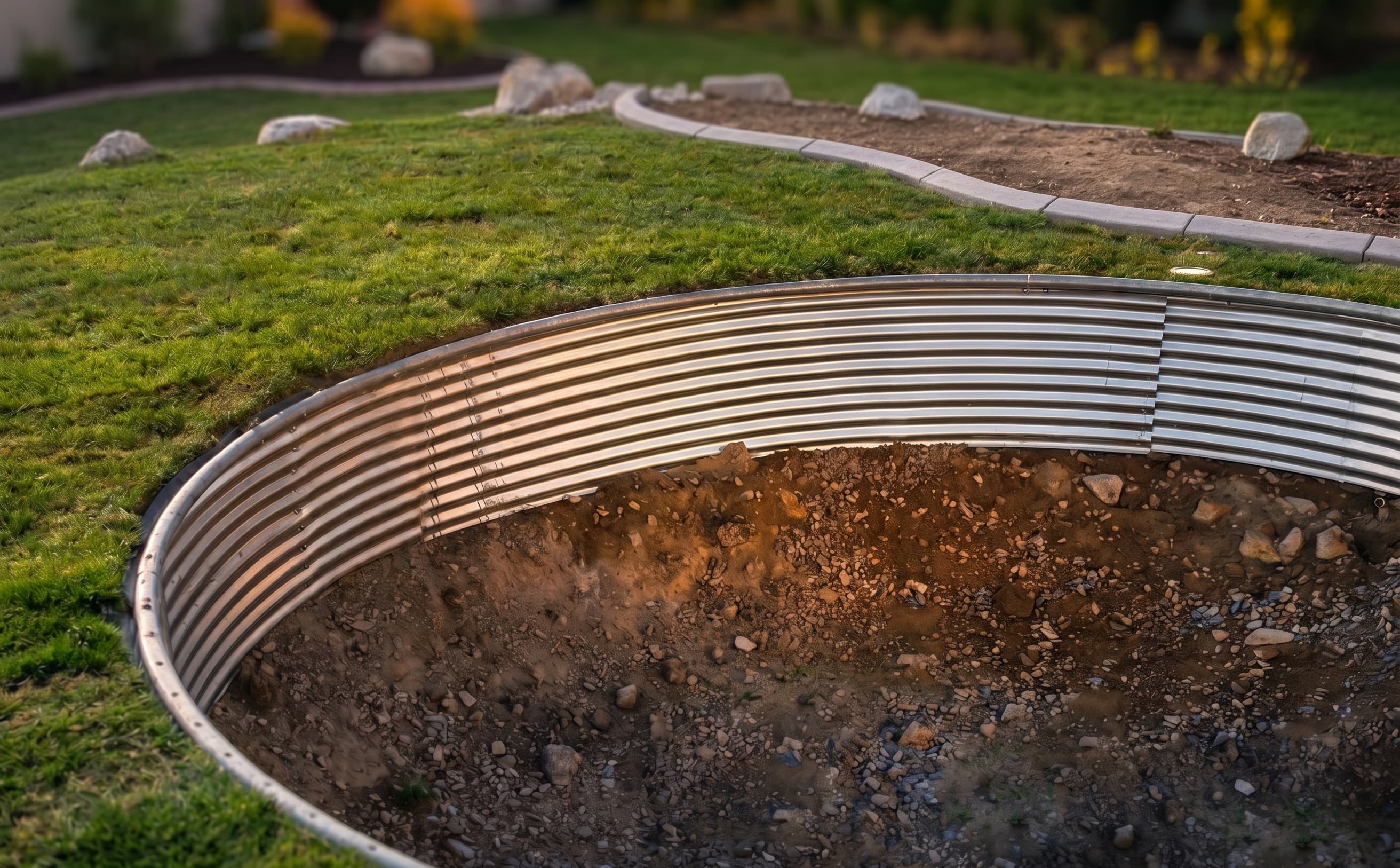 Professional in-ground trampoline setup using a corrugated steel retaining wall